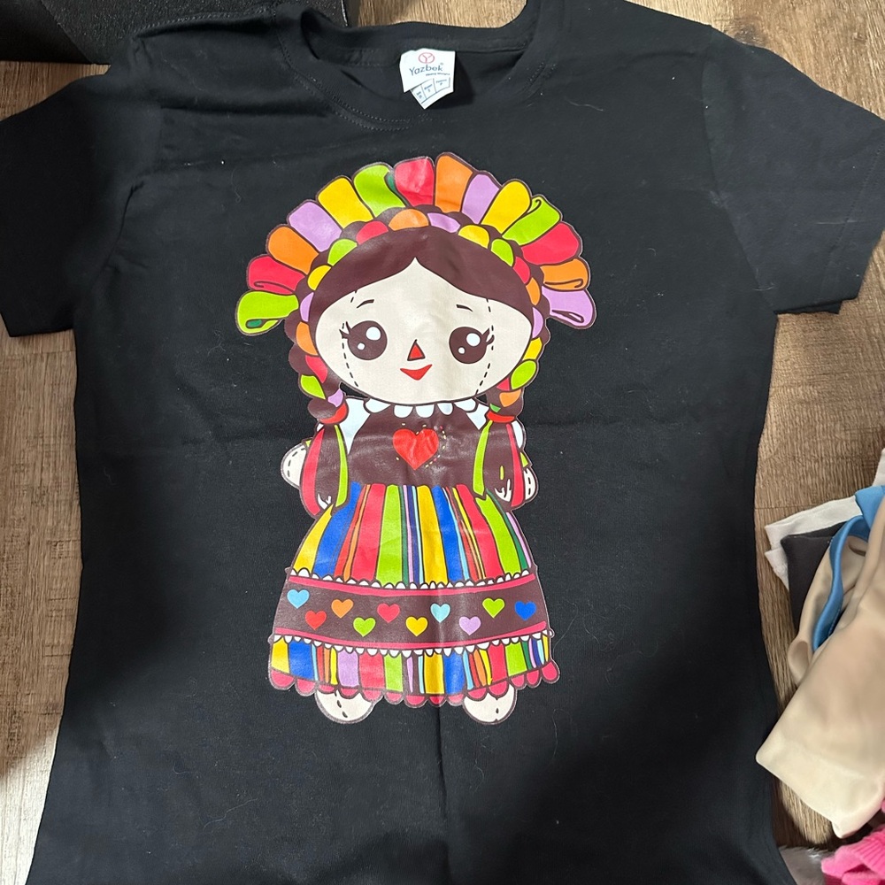 Colorful Mexican Doll Graphic Black T-Shirt